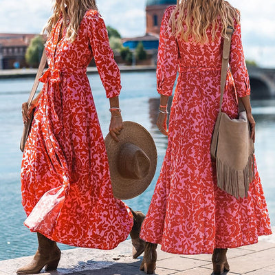 Fashionable Printed Lace-up Waist Dress for Women