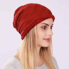 Pleated Fleece Knitted Checkered Beanie for Men and Women